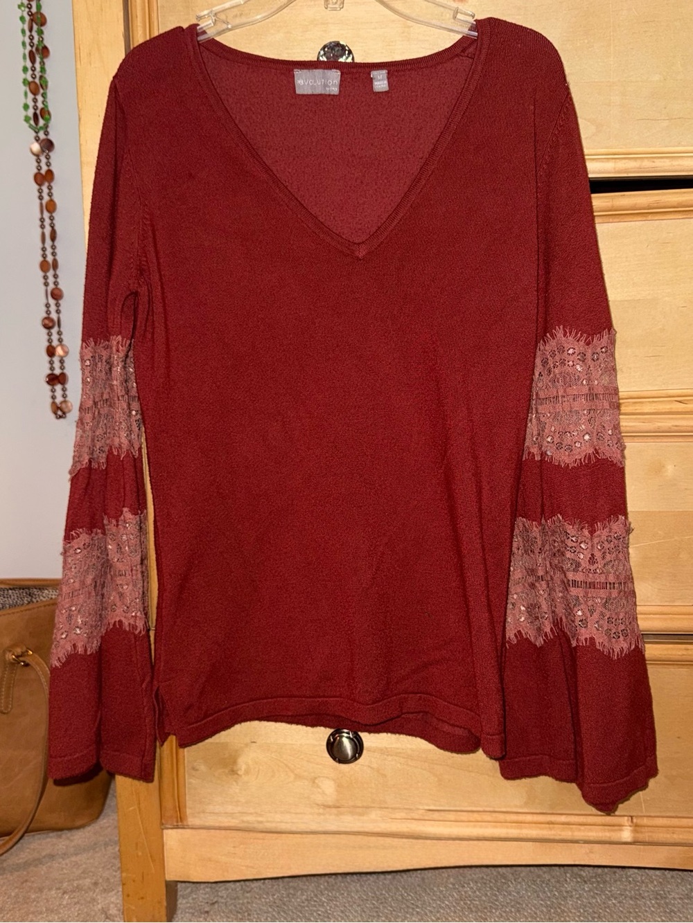 Evolution V-Neck Brick Long Sleeve Top with Lace Sleeve Panels